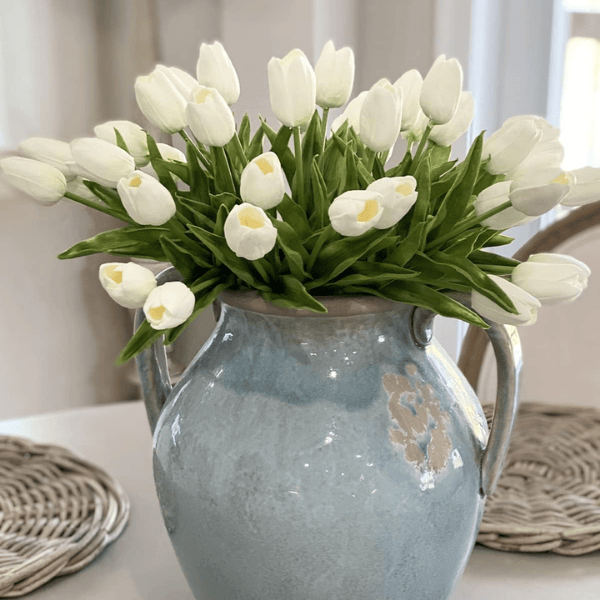 White Tulips Artificial Flowers 18Pcs Faux PU Real Touch Tulip Bouquet