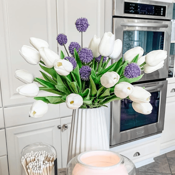 White Tulips Artificial Flowers 18Pcs Faux PU Real Touch Tulip Bouquet