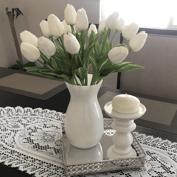 White Tulips Artificial Flowers 18Pcs Faux PU Real Touch Tulip Bouquet