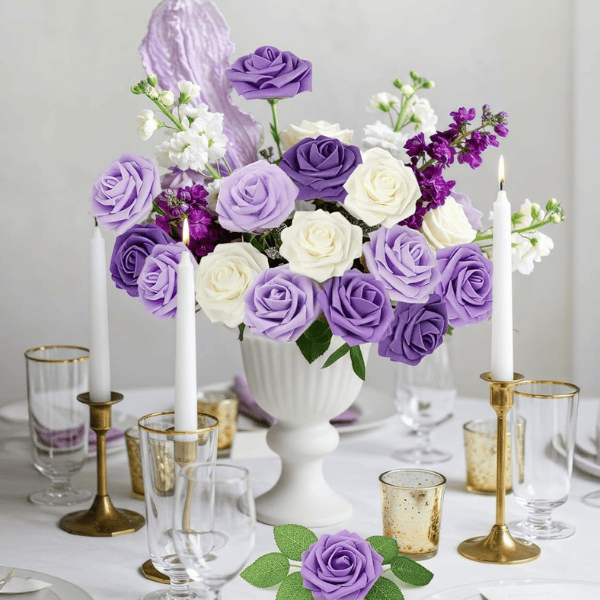 25pcs Artificial Foam Roses with Stems – Purple Artificial Flowers