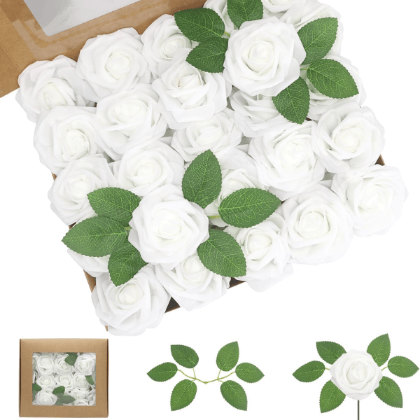 100pcs White Artificial Foam Roses – Realistic Latex Fake Flowers
