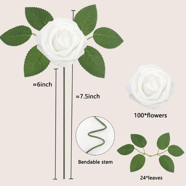100pcs White Artificial Foam Roses – Realistic Latex Fake Flowers