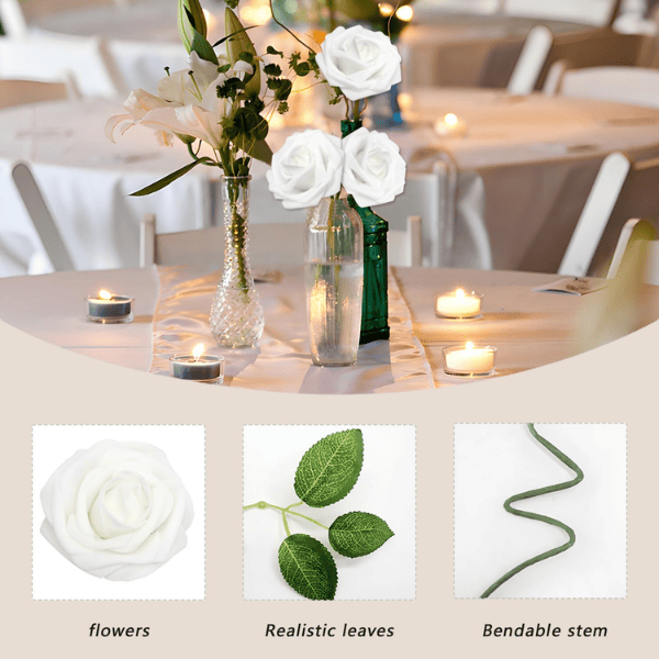 100pcs White Artificial Foam Roses – Realistic Latex Fake Flowers