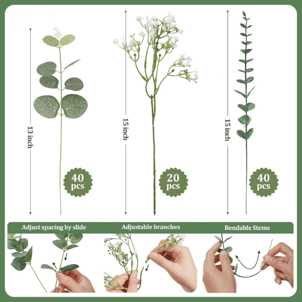 100 Pcs Mixed Artificial Eucalyptus & Baby’s Breath Set