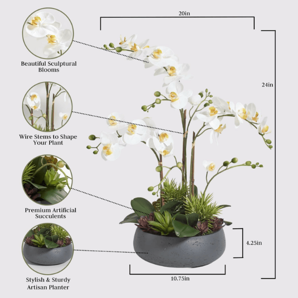 24" Faux Orchid Plant with Succulents in Grey Planter