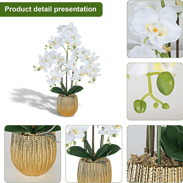 White Artificial Orchid Flowers in Gold Ceramic Pot