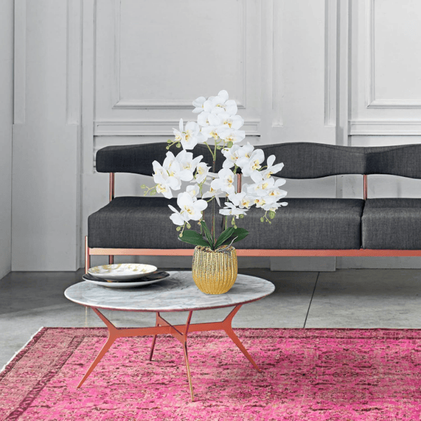 White Artificial Orchid Flowers in Gold Ceramic Pot