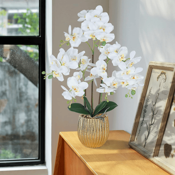 White Artificial Orchid Flowers in Gold Ceramic Pot