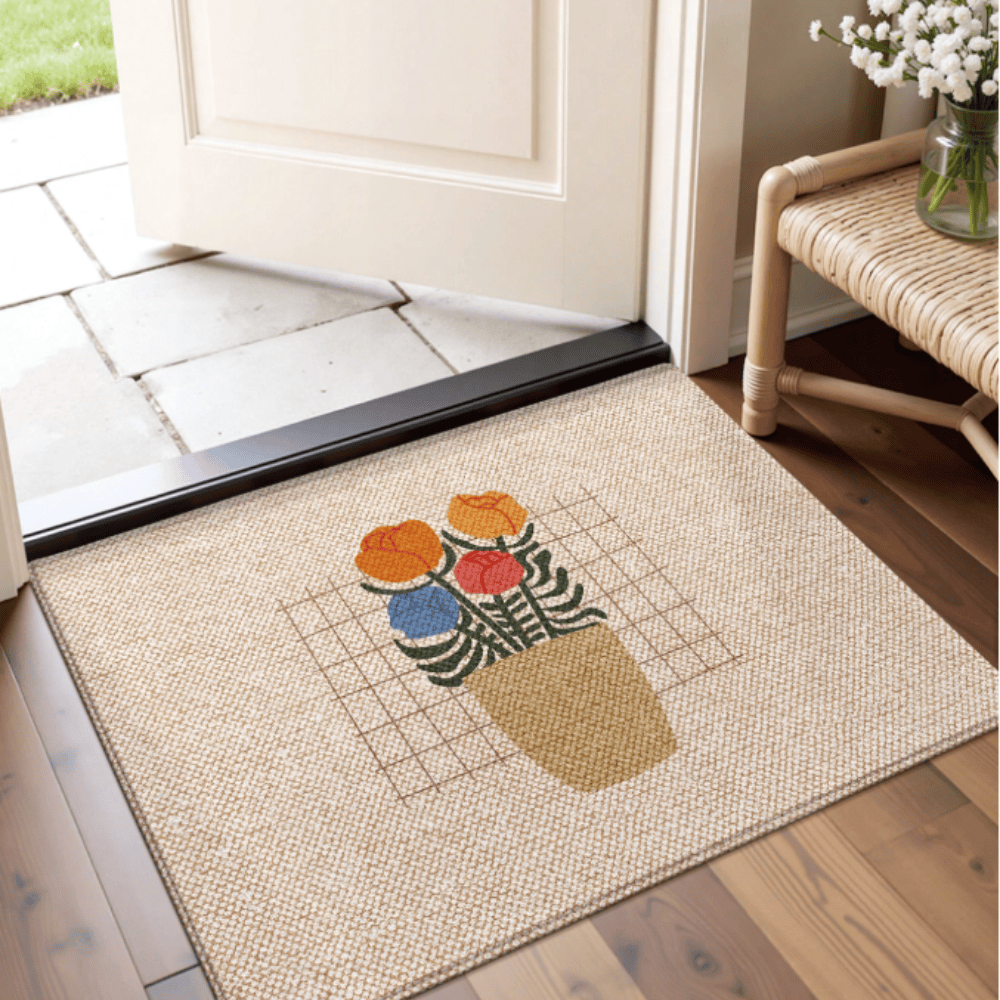 Floral Print Doormat - Non-Slip, Machine Washable Entryway Rug - 100% Polyester