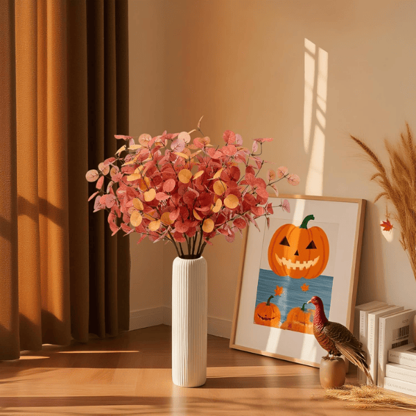 6Pcs Fall Eucalyptus Stems – Orange Artificial Leaves