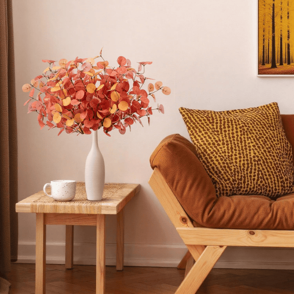 6Pcs Fall Eucalyptus Stems – Orange Artificial Leaves