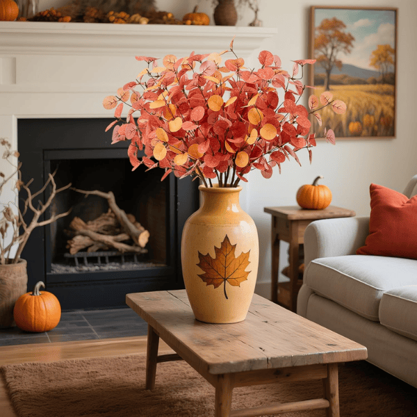 6Pcs Fall Eucalyptus Stems – Orange Artificial Leaves