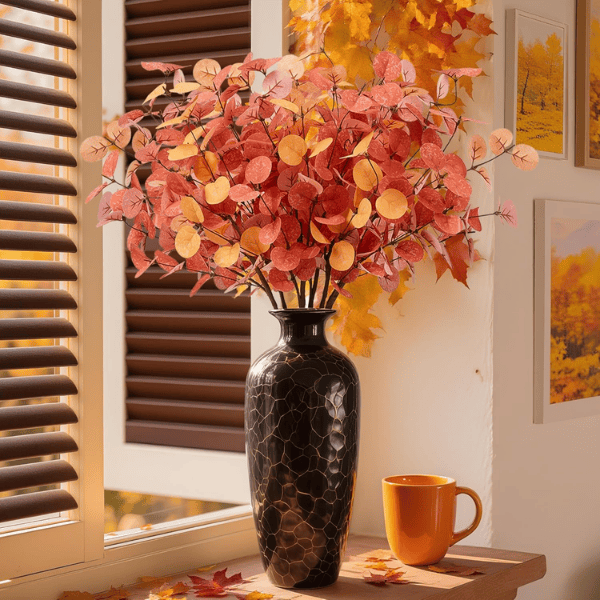 6Pcs Fall Eucalyptus Stems – Orange Artificial Leaves