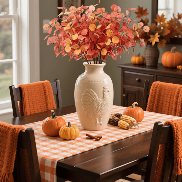 6Pcs Fall Eucalyptus Stems – Orange Artificial Leaves