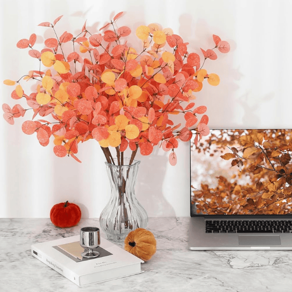 6Pcs Fall Eucalyptus Stems – Orange Artificial Leaves